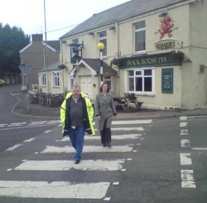 Nia Griffith with Cllr. Steve Lloyd-Janes at the Zebra Crossing on Fforest Road, Hendy
